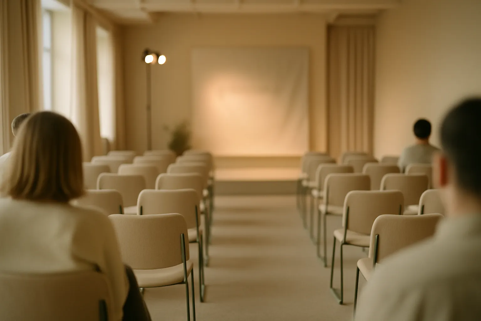 Event room set up for an IRL creator marketing event with brand banners and empty chairs before the start
