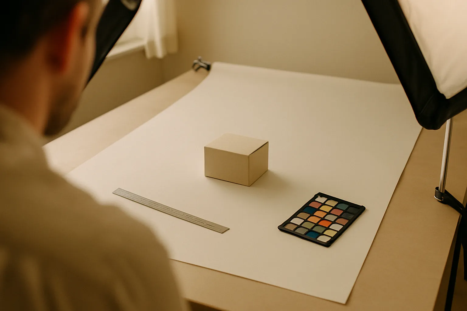 Photo setup for Google Shopping product images with white background, ruler, and color card for quality calibration