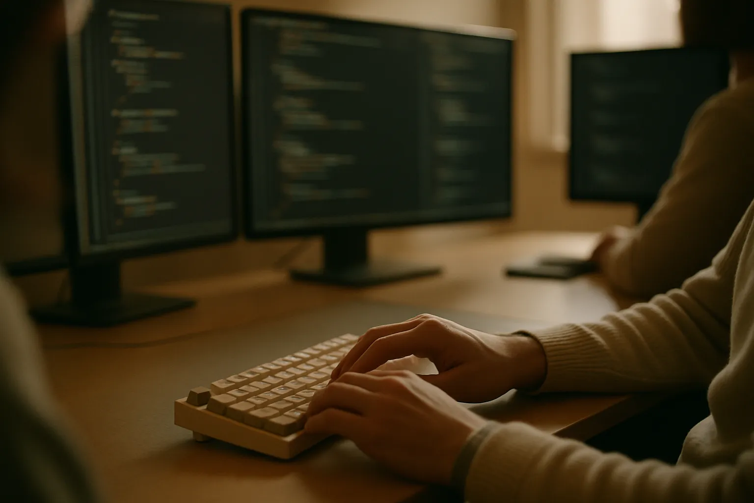 Sviluppatore con le mani sulla tastiera davanti a schermi con codice: fatturazione a token GitHub Copilot per le aziende
