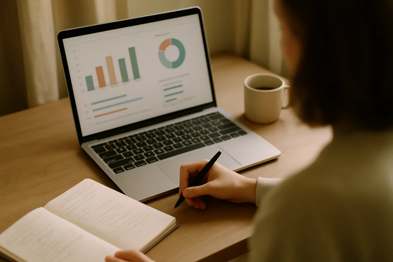 Schermata di Google Ads con grafici di allocazione budget per canale su laptop in un ufficio marketing moderno