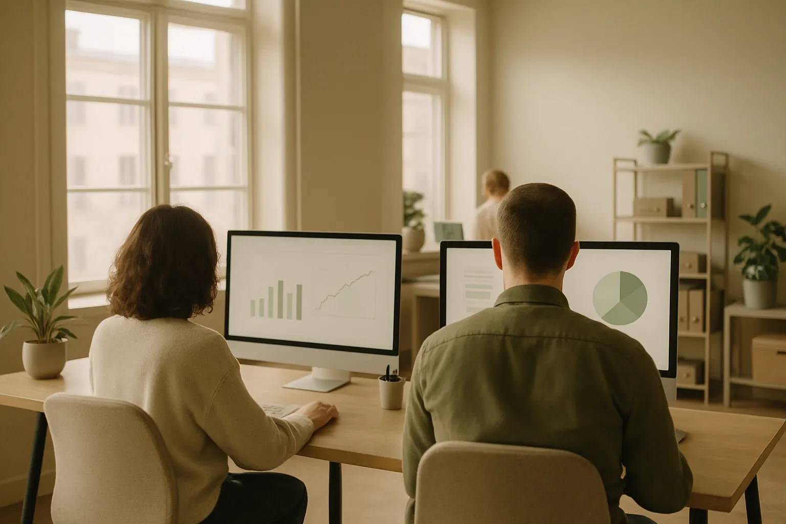 Marketing team seen from behind analyzing Google Ads campaigns on a monitor with performance data — paid media management without algorithm resets