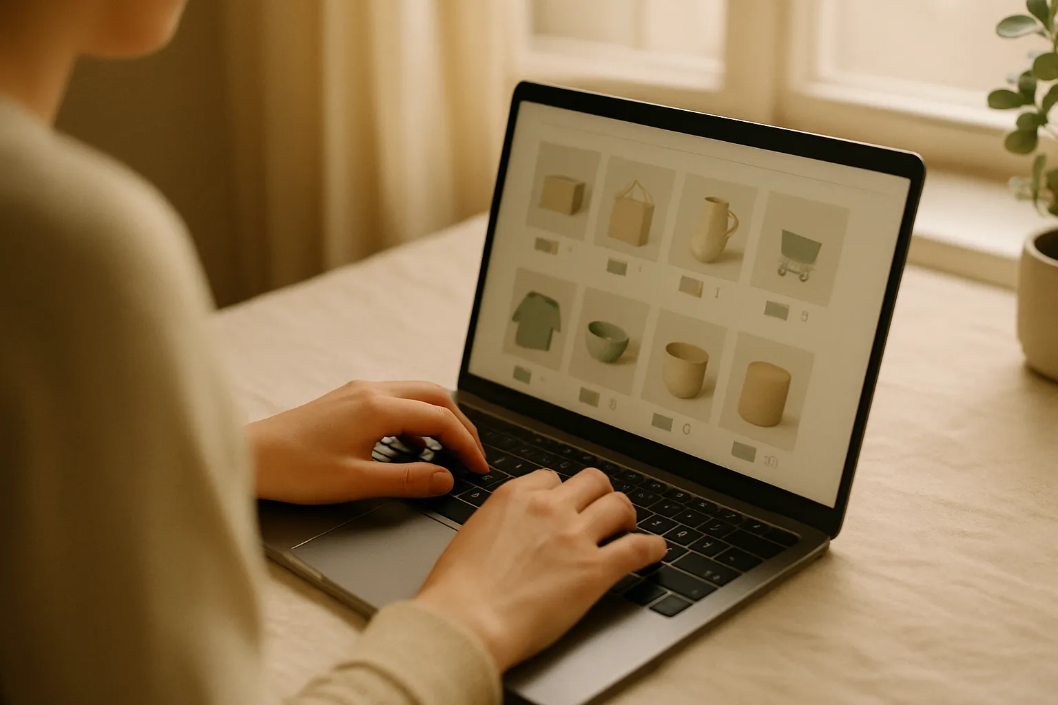 Mani che navigano schede prodotto Google Shopping su laptop per integrare Google Universal Cart nel proprio e-commerce