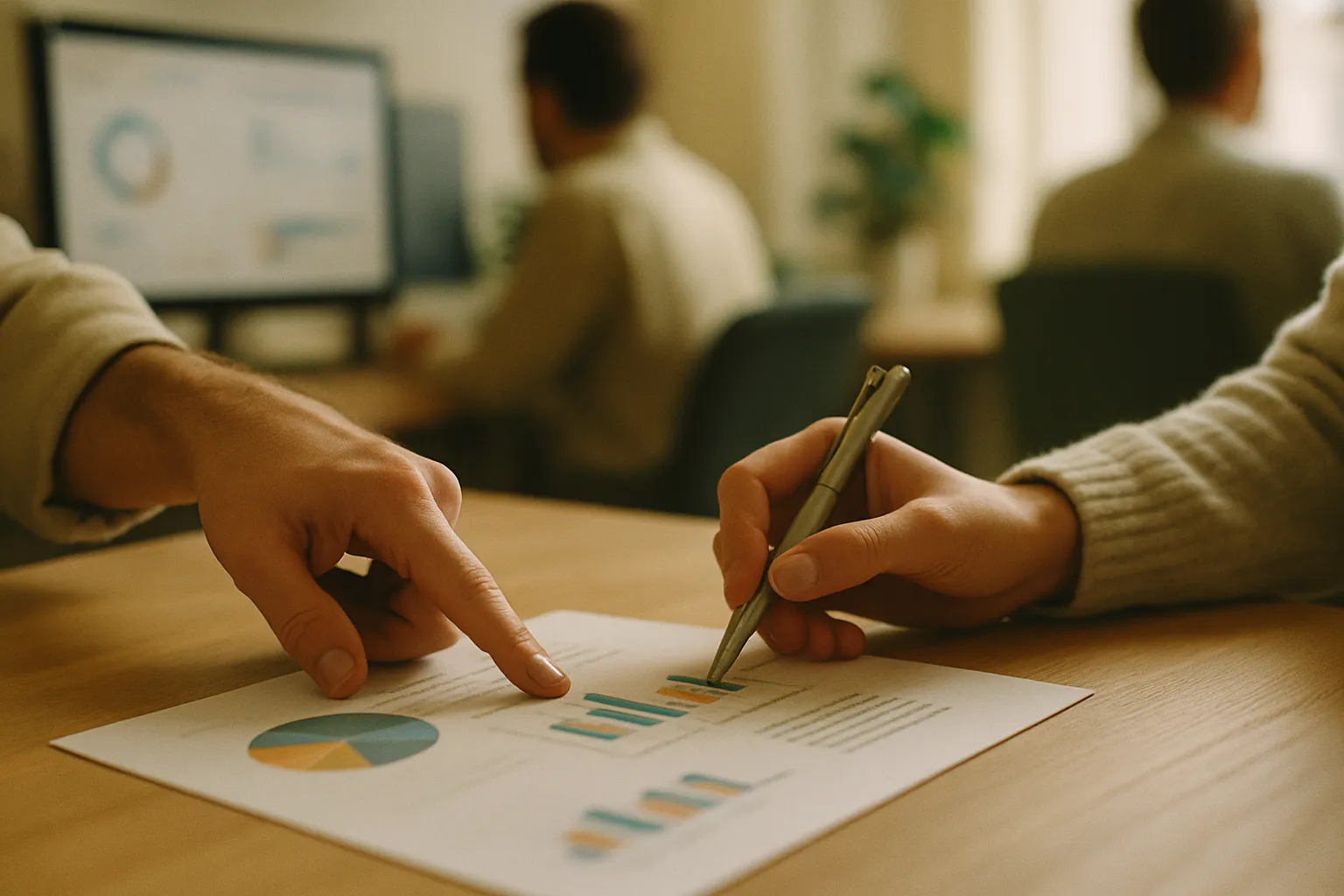 Hands analyzing a paid campaign report with charts on a desk, AI agent governance in media buying