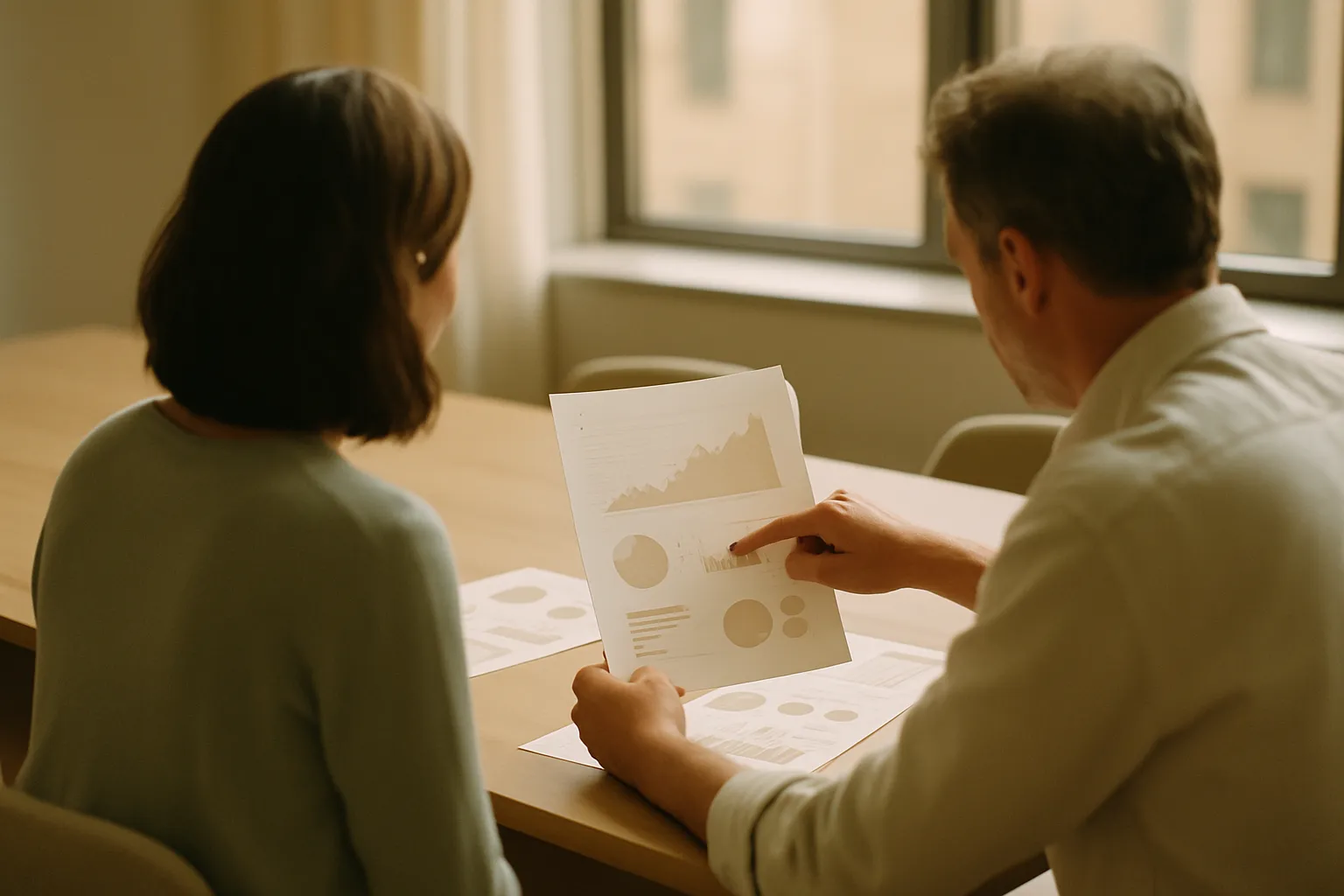 Two people analyzing reports and charts in a meeting room: governance and ROI measurement in corporate AI projects