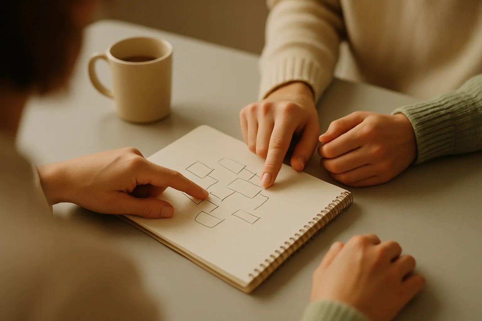 Two colleagues map AI roles in the marketing team on a notebook, with a governance scheme and assigned responsibilities
