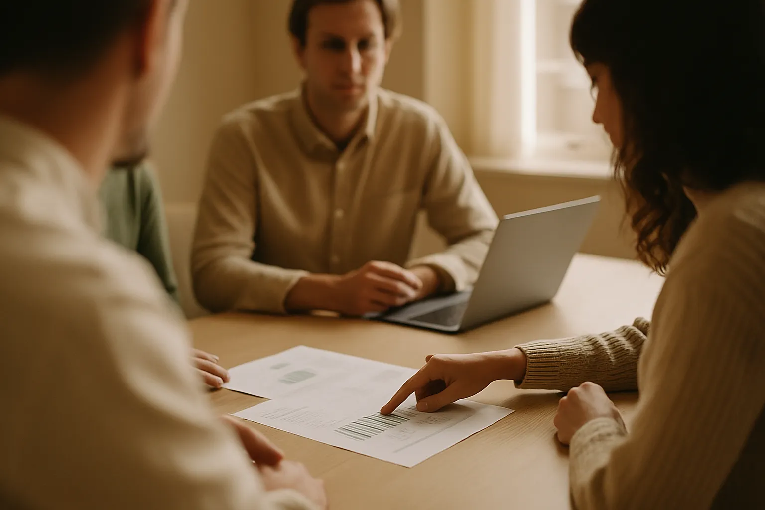 Company team reviewing HubSpot AI spend reports in an operations meeting, with budget documents on the table