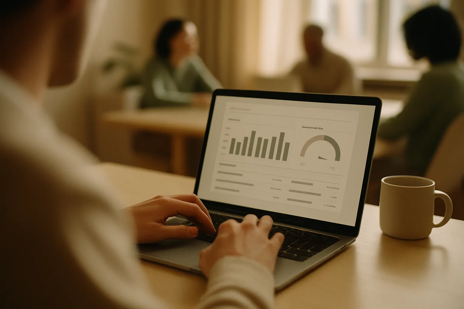 Hands setting AI spend limits in HubSpot in a modern office, with a budget dashboard visible on the screen