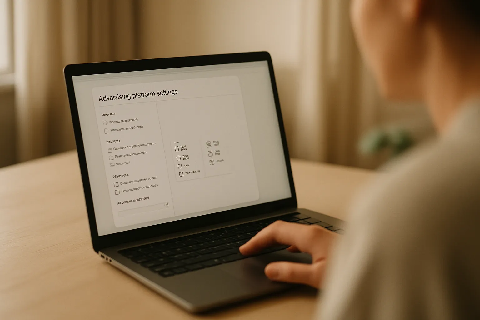 Ads campaign settings screen with active AI functions, hand on keyboard ready to configure campaign compliance
