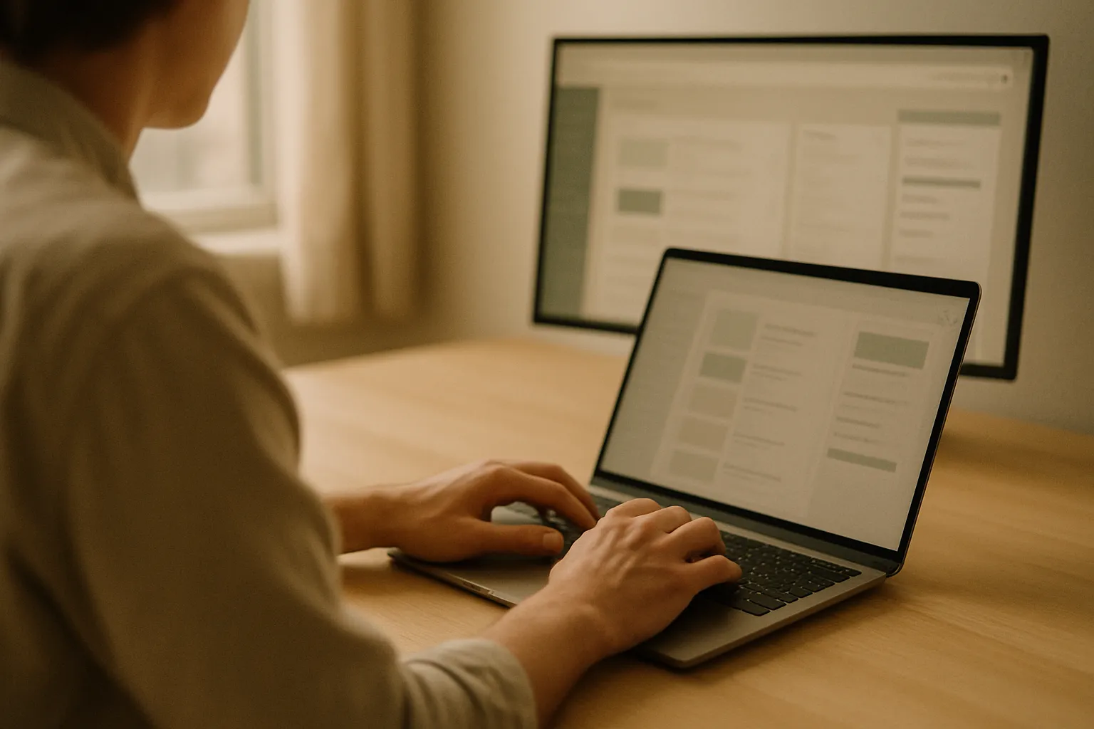 Hands typing on a laptop with LinkedIn content dashboards in the background, AI visibility strategy for B2B brands