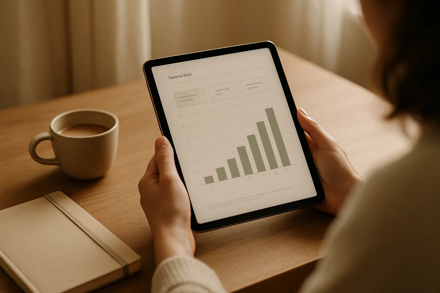 Hands analyzing a dashboard with metrics from an IRL creator marketing event on a tablet, to measure ROI
