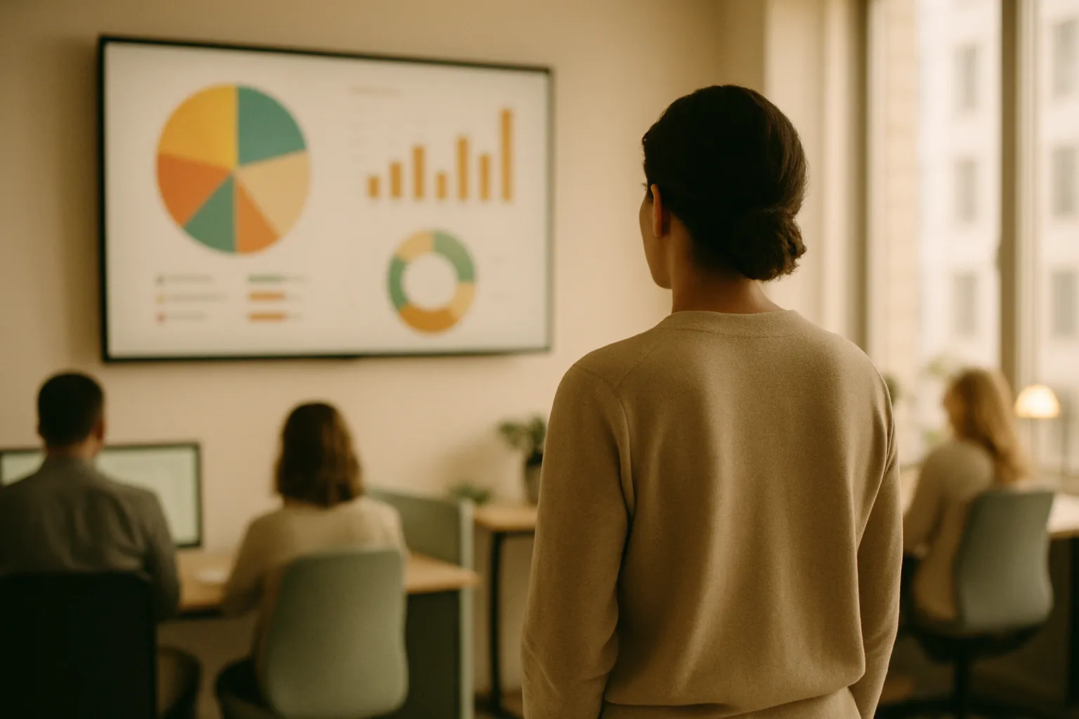 Person from behind in front of a screen with advertising campaign data, AI agent control in corporate media buying
