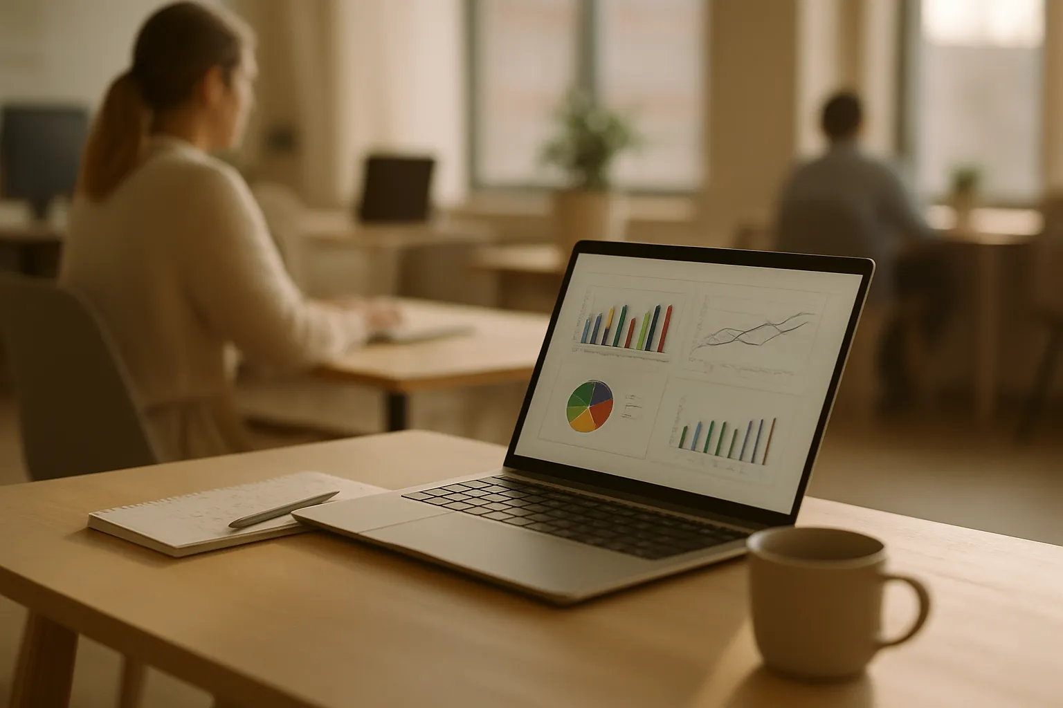 Laptop screen showing Meta AI campaign performance charts on a modern office desk with notes and coffee