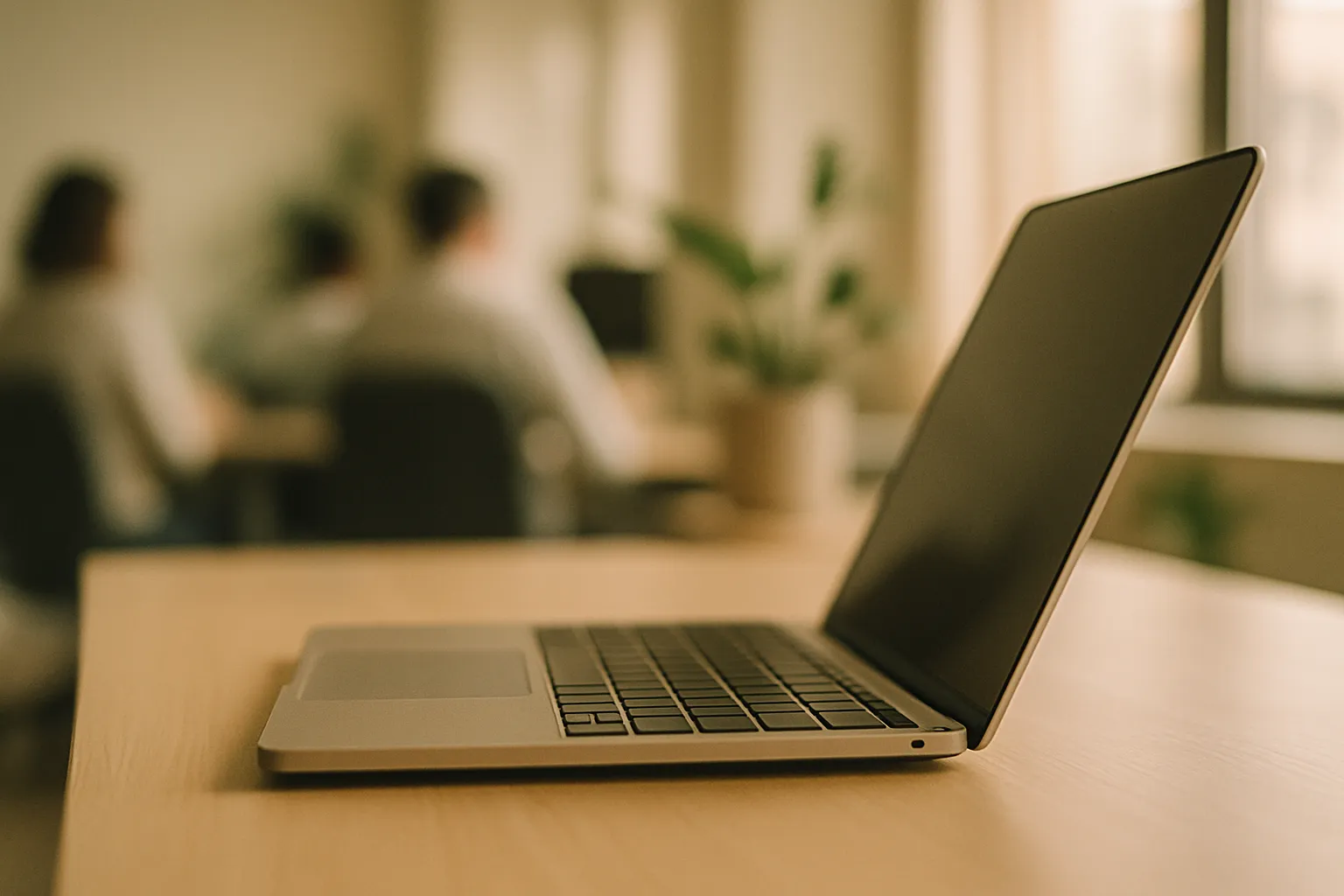 Slim laptop open on a wooden desk with natural light, a symbol of AI-ready hardware for Italian SMEs with Nvidia RTX Spark chips