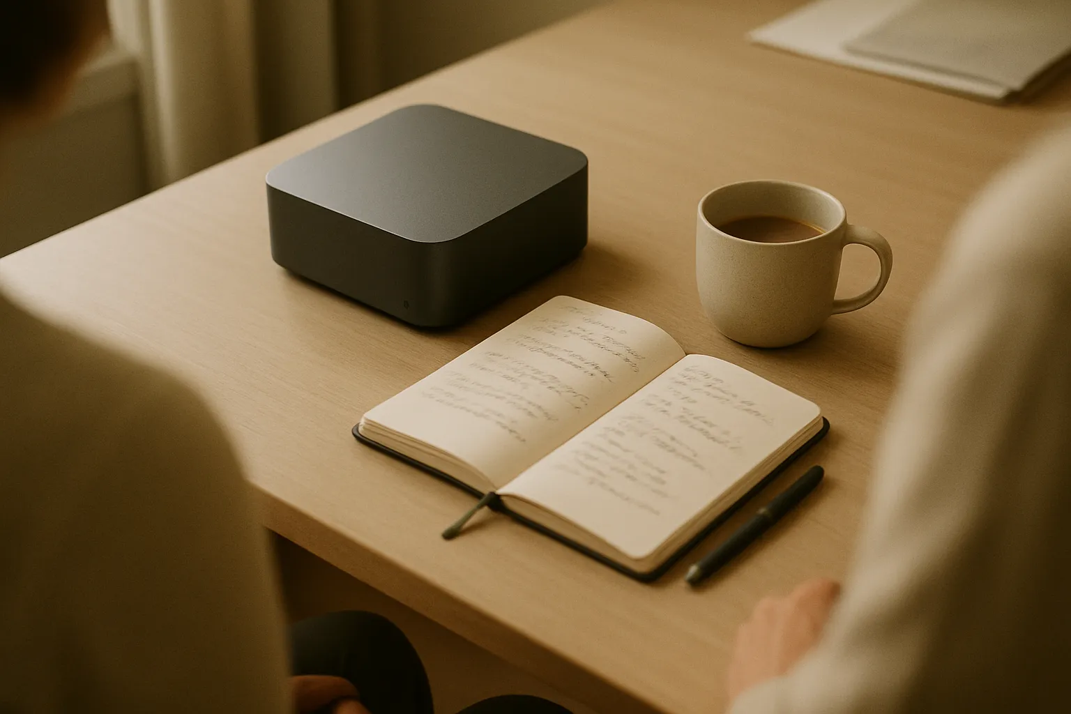 Mini-PC on a desk with notes and coffee, scenario of AI hardware adoption in Italian SMEs with Nvidia RTX Spark chips