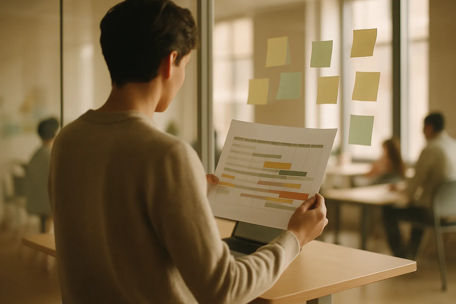 Professional planning Google indexing times on a printed timeline in a modern office