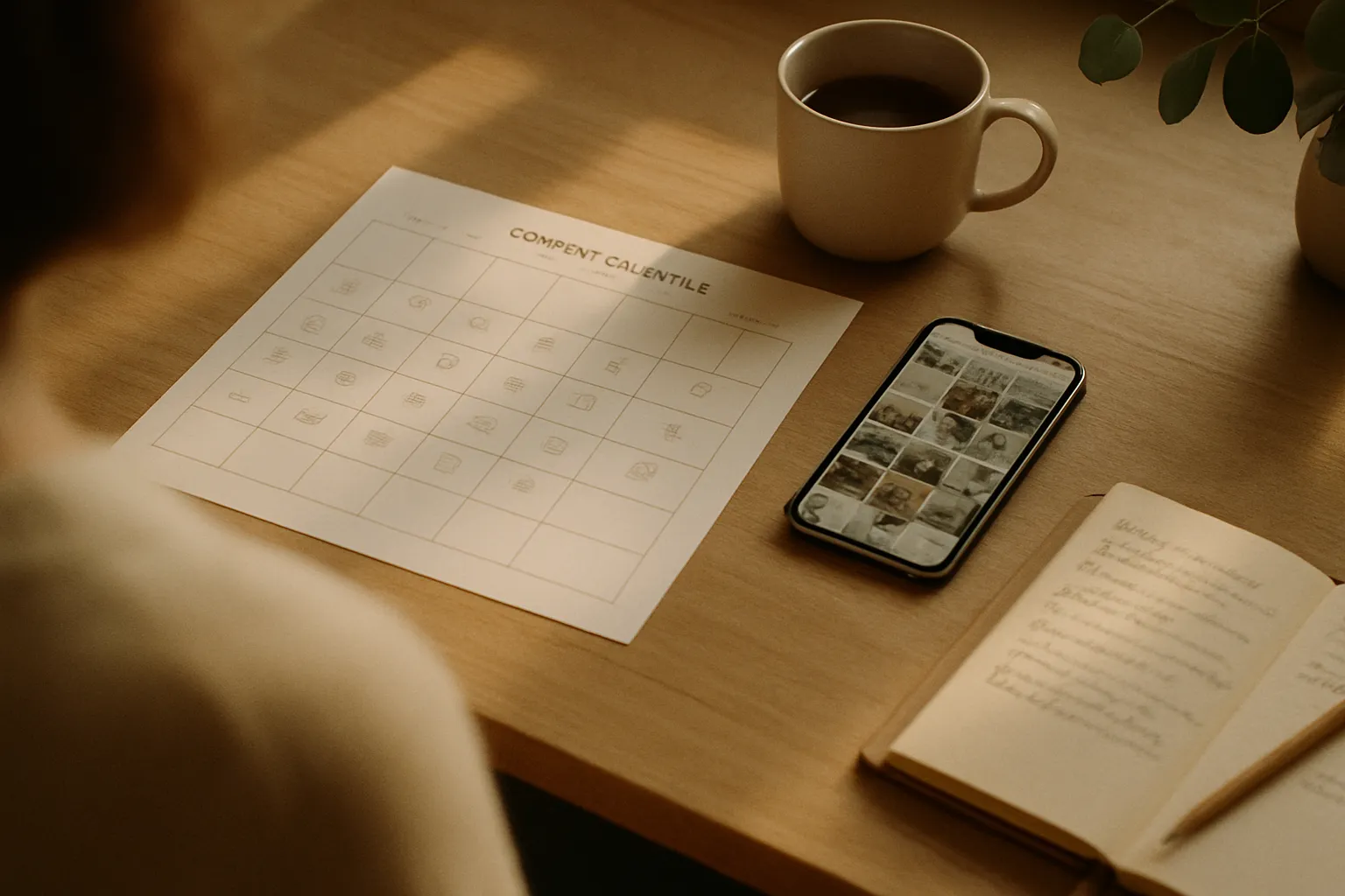 Editorial plan for paper and smartphone with social feed to manage the limit on Facebook link posts with Meta One for Business — SHM Studio