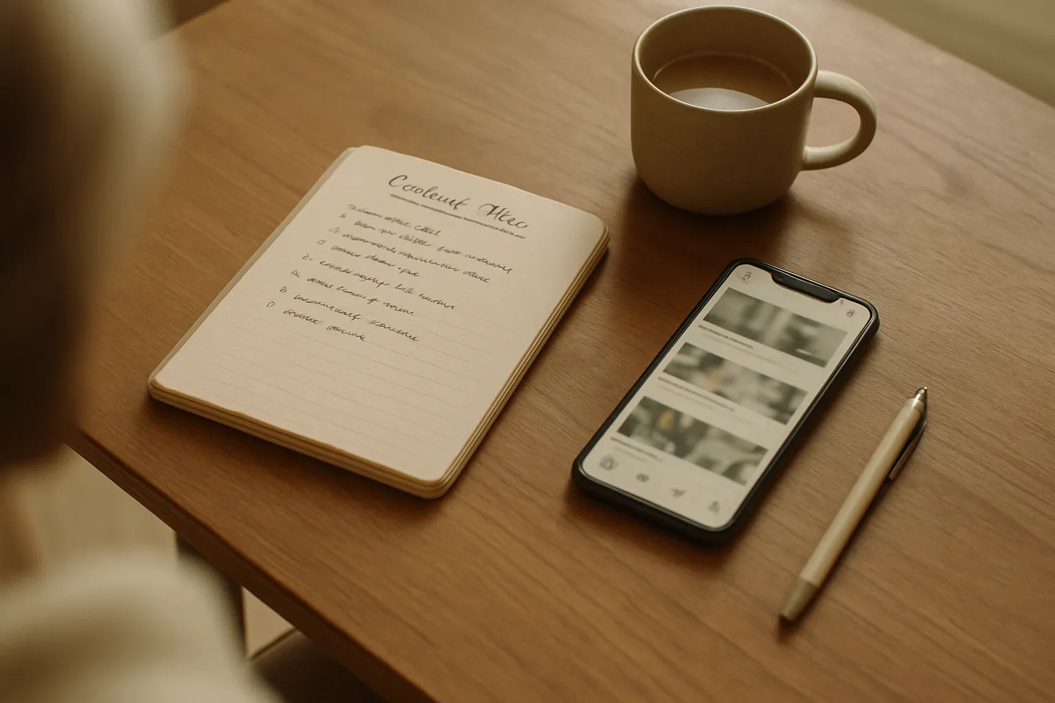 Handwritten social editorial plan with a smartphone showing video platform, SEO strategy for Google's AI Overviews