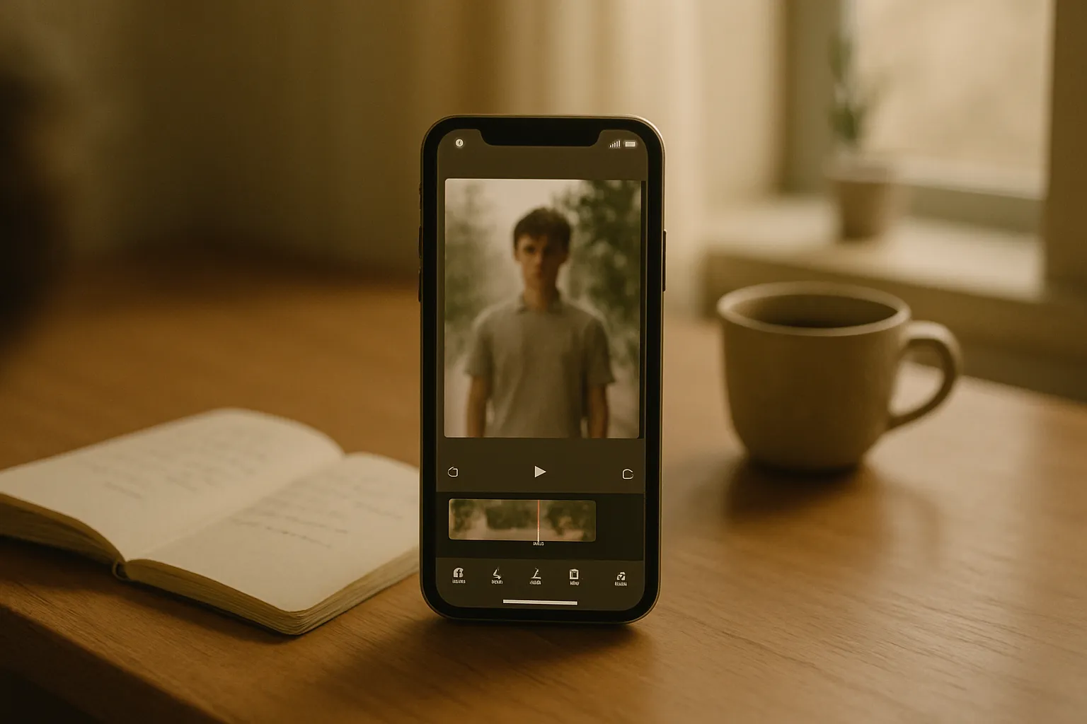 Smartphone with vertical video editing interface for TikTok and AI Reels campaigns on a desk with notes