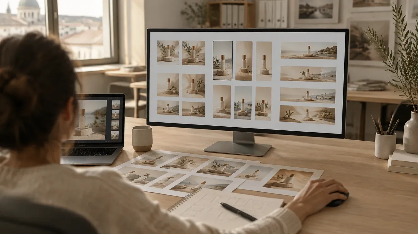 Internal team checking dozens of variants of the same ad on a monitor, generated with AI in different formats