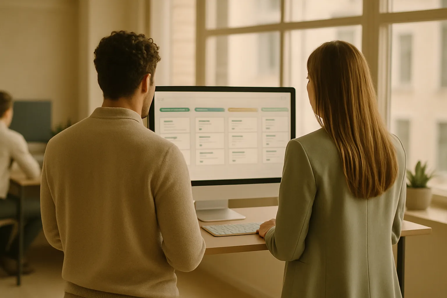 Team analyzing HubSpot CRM pipeline with leads acquired through Reddit Ads campaigns on a modern office monitor