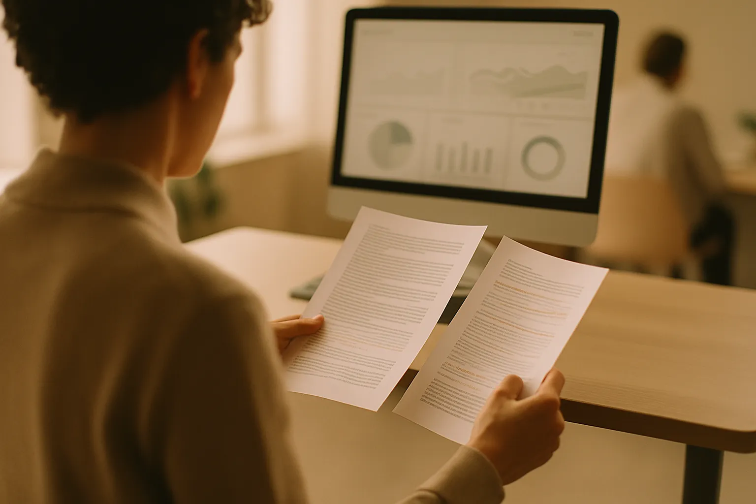 Person reviewing printed content documents in an office with analytics monitors in the background, manual review of AI content for S