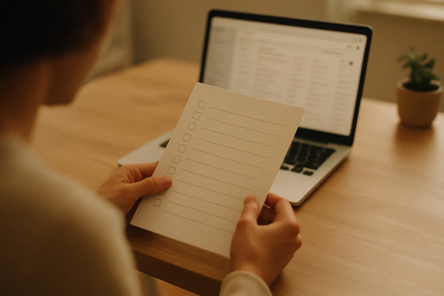 Mani di un editor che revisiona una checklist editoriale per contenuti AI prima della pubblicazione su Google, scrivania in legno