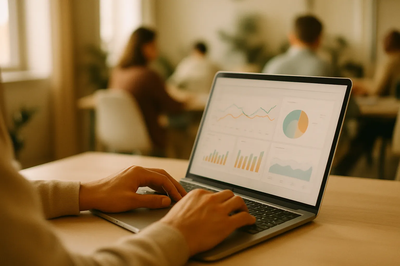Hands typing on a laptop with an SEO dashboard and AI visibility on the screen in a modern office
