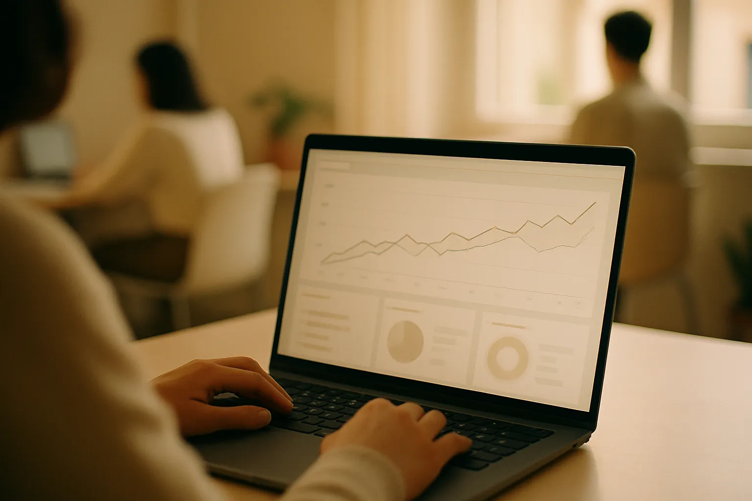 Screen with analytics dashboard and growing charts for social visibility in Google's AI Overviews, Italian office