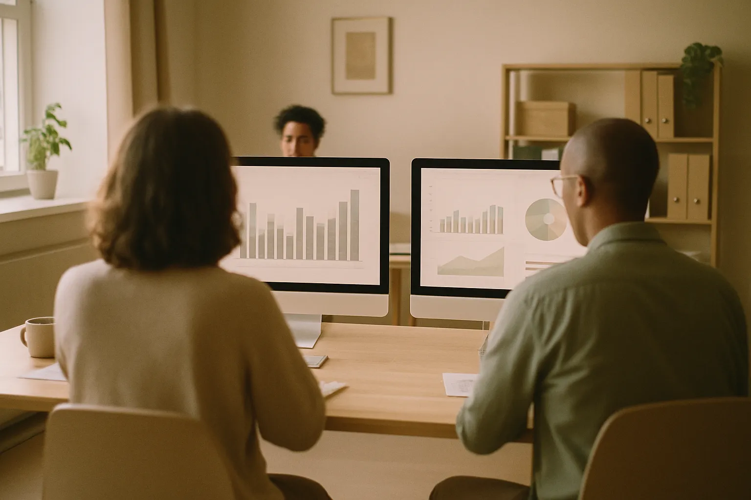 Marketing team seen from behind analyzing campaign data on a monitor: ADV strategy after Apple's Safari block