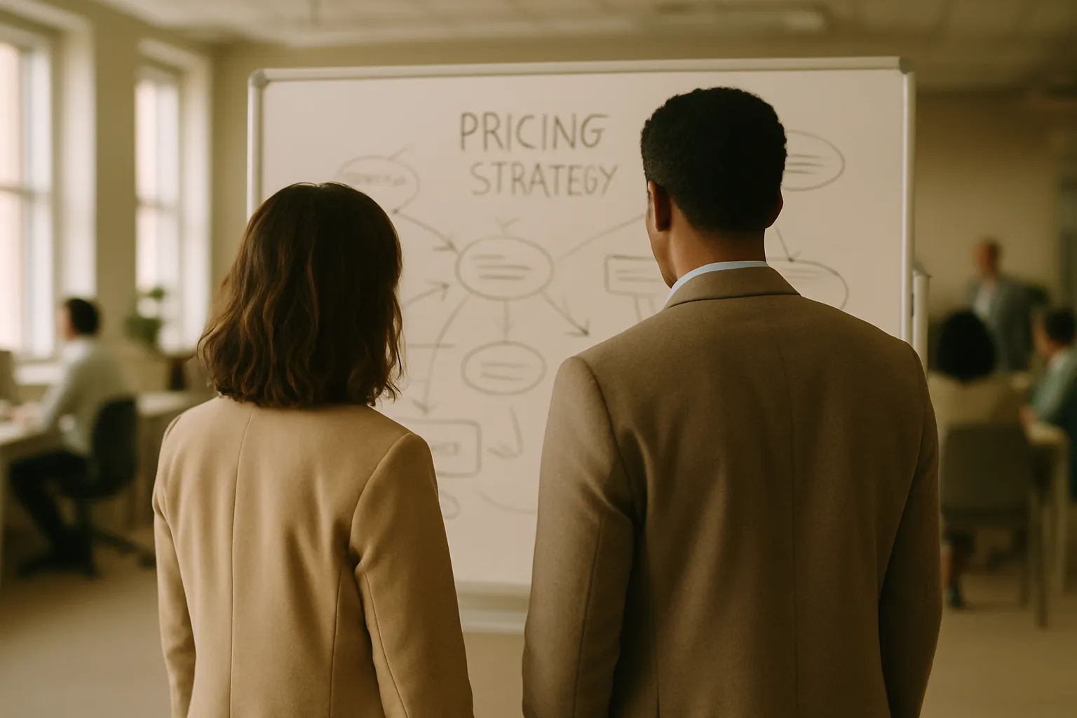 Two professionals from behind analyze an omnichannel pricing strategy on a whiteboard in an office, e-commerce and Amazon marketplace