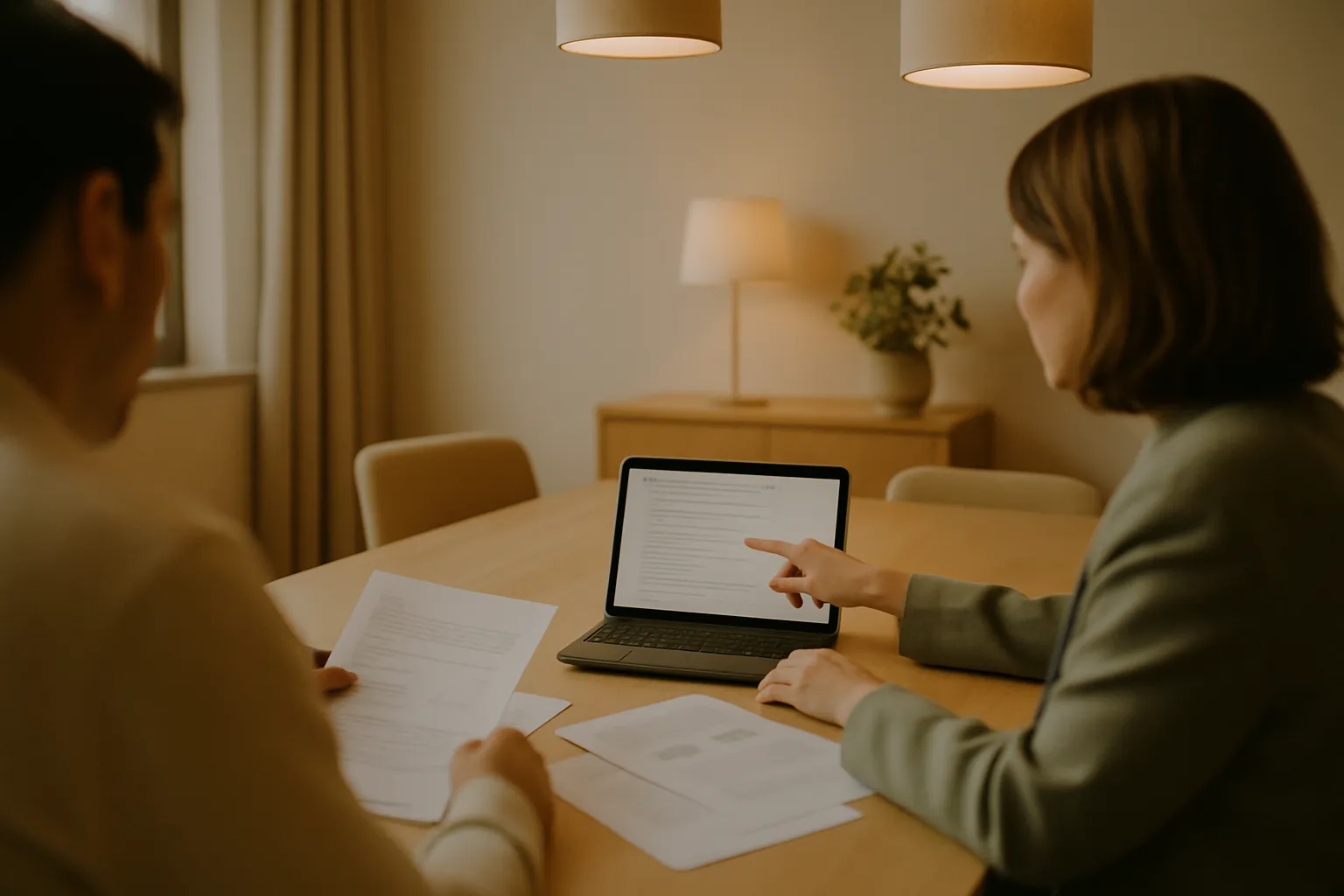 Two professionals in a meeting room analyzing Google search results and AI SEO strategy on a tablet