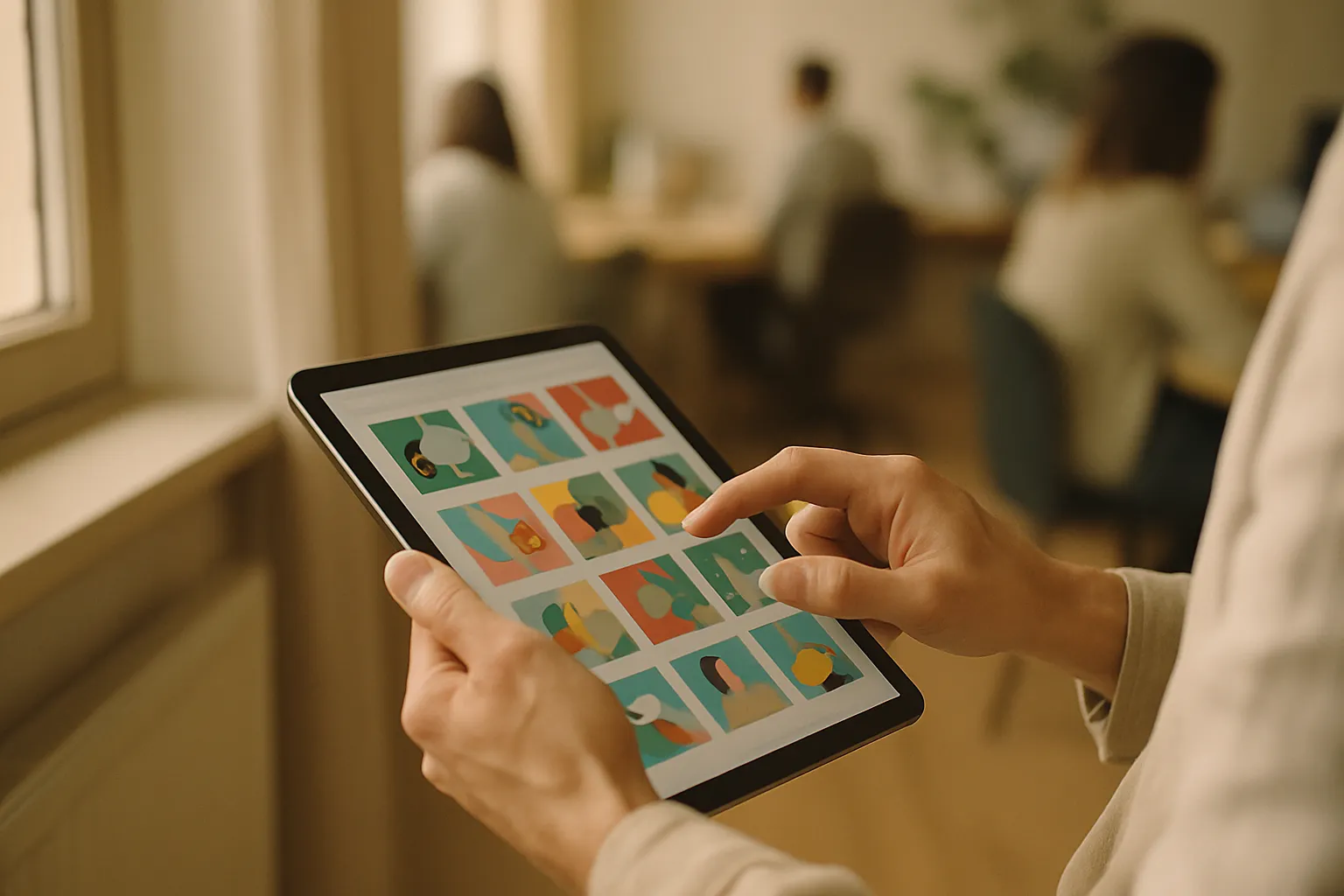 Hands scrolling through ad creatives on a tablet with Meta AI tools for campaign insight analysis