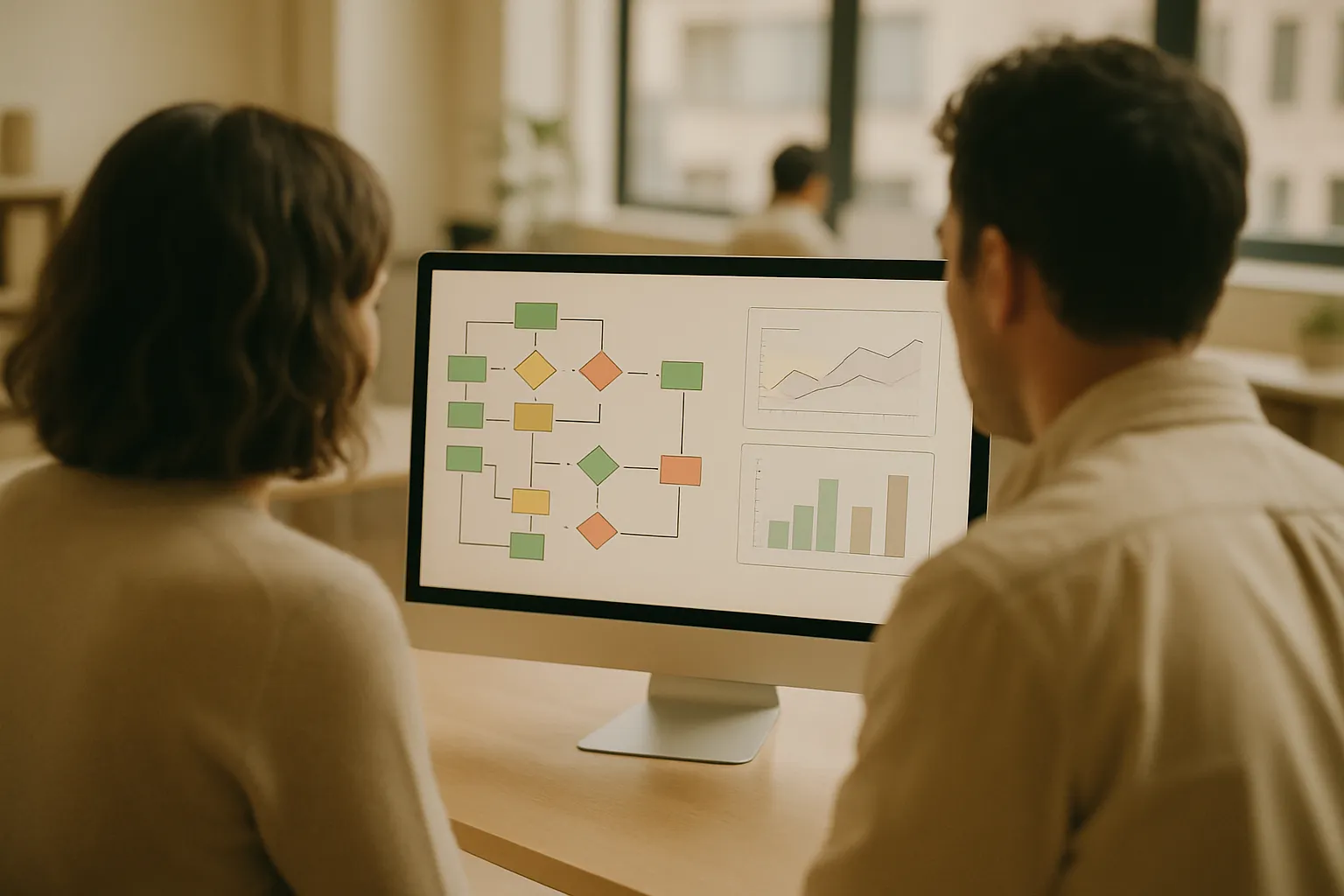 Marketing team supervising campaign automation workflows with AI agents on a monitor, modern office