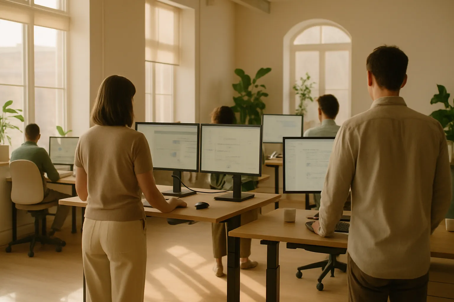 Team in an open-space office with monitors displaying workflows and AI automation data for project management with Atlassian Rovo