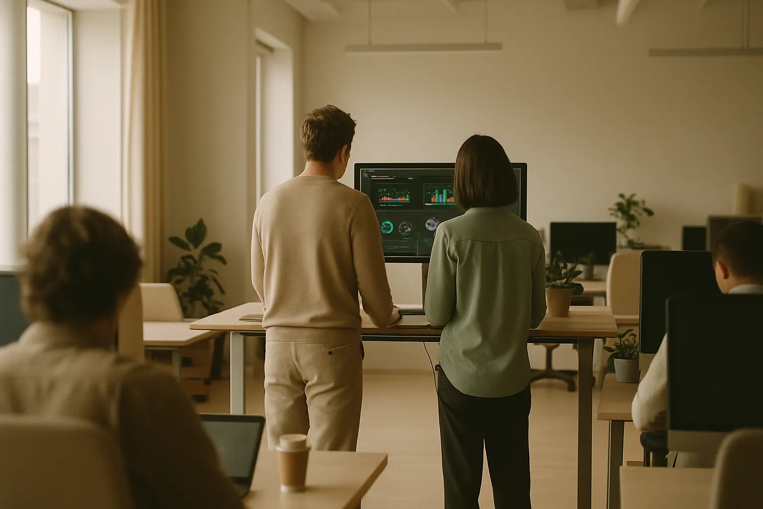 Marketing team reviewing SEO reports with charts on a monitor: process of AI integration in audits with human supervision