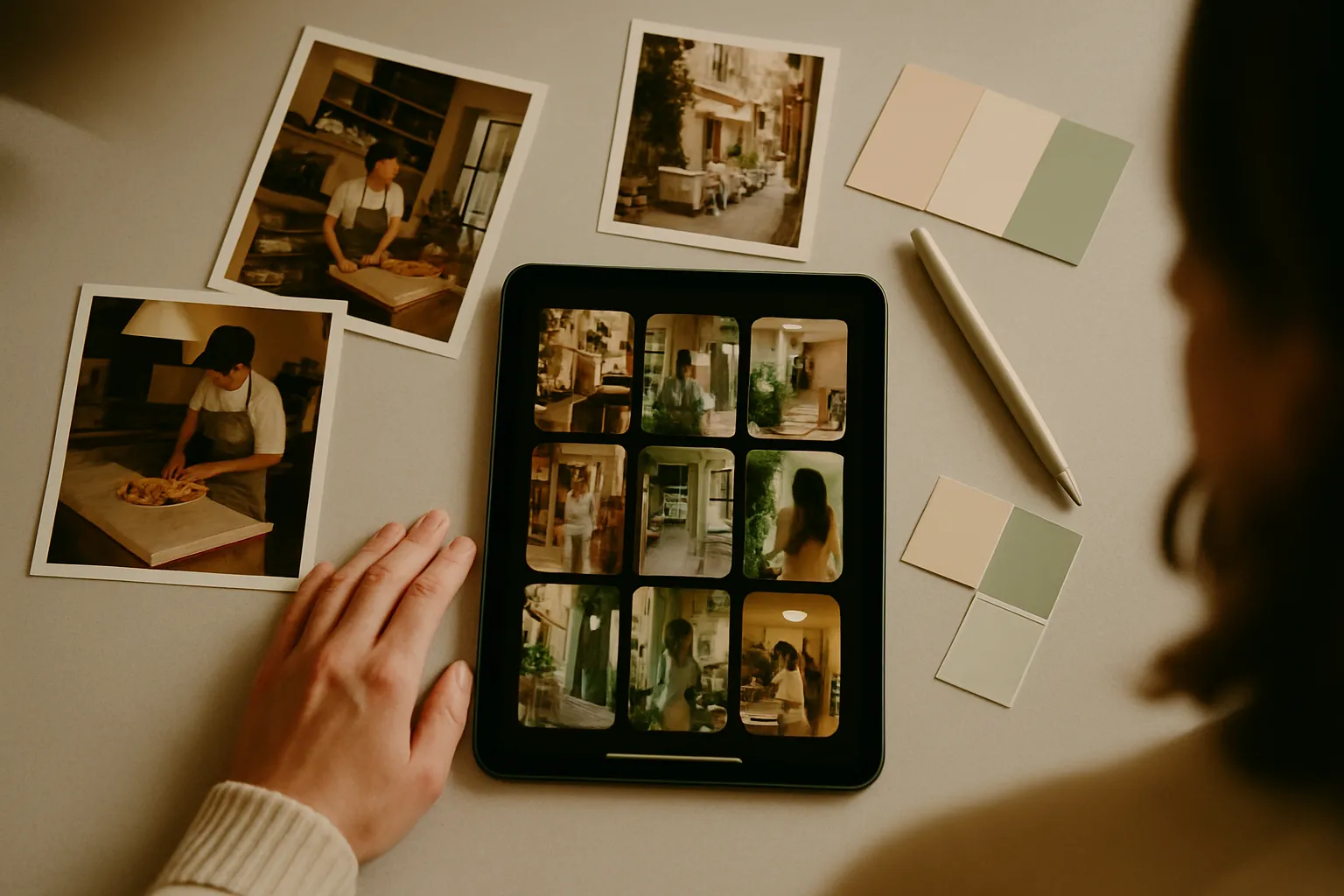 Tablet showing a grid of vertical AI videos for ad campaigns next to real photos of an Italian restaurant