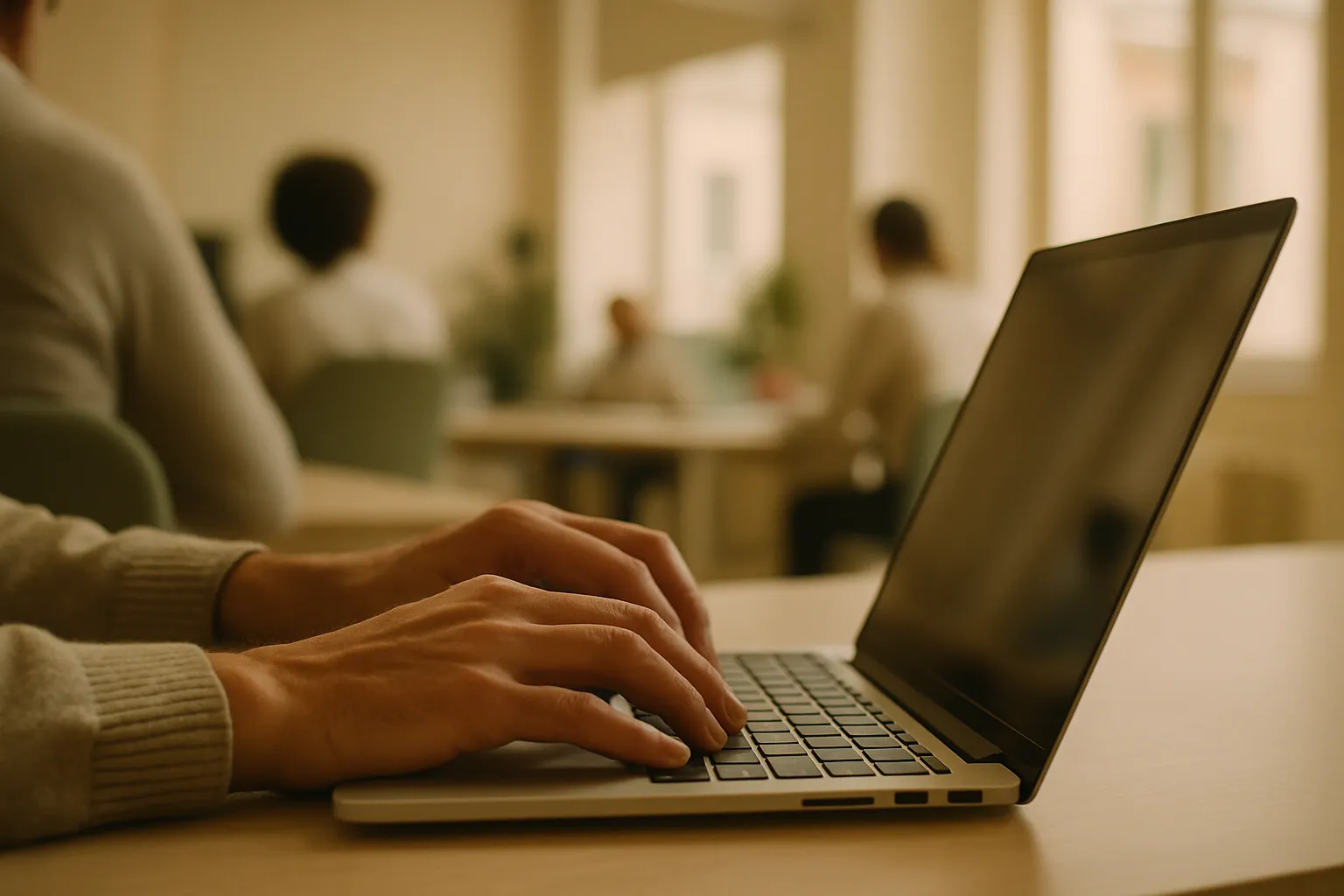 Hands typing on a laptop in an Italian office: AI watermarks in texts generated by ChatGPT and EU AI Act obligations