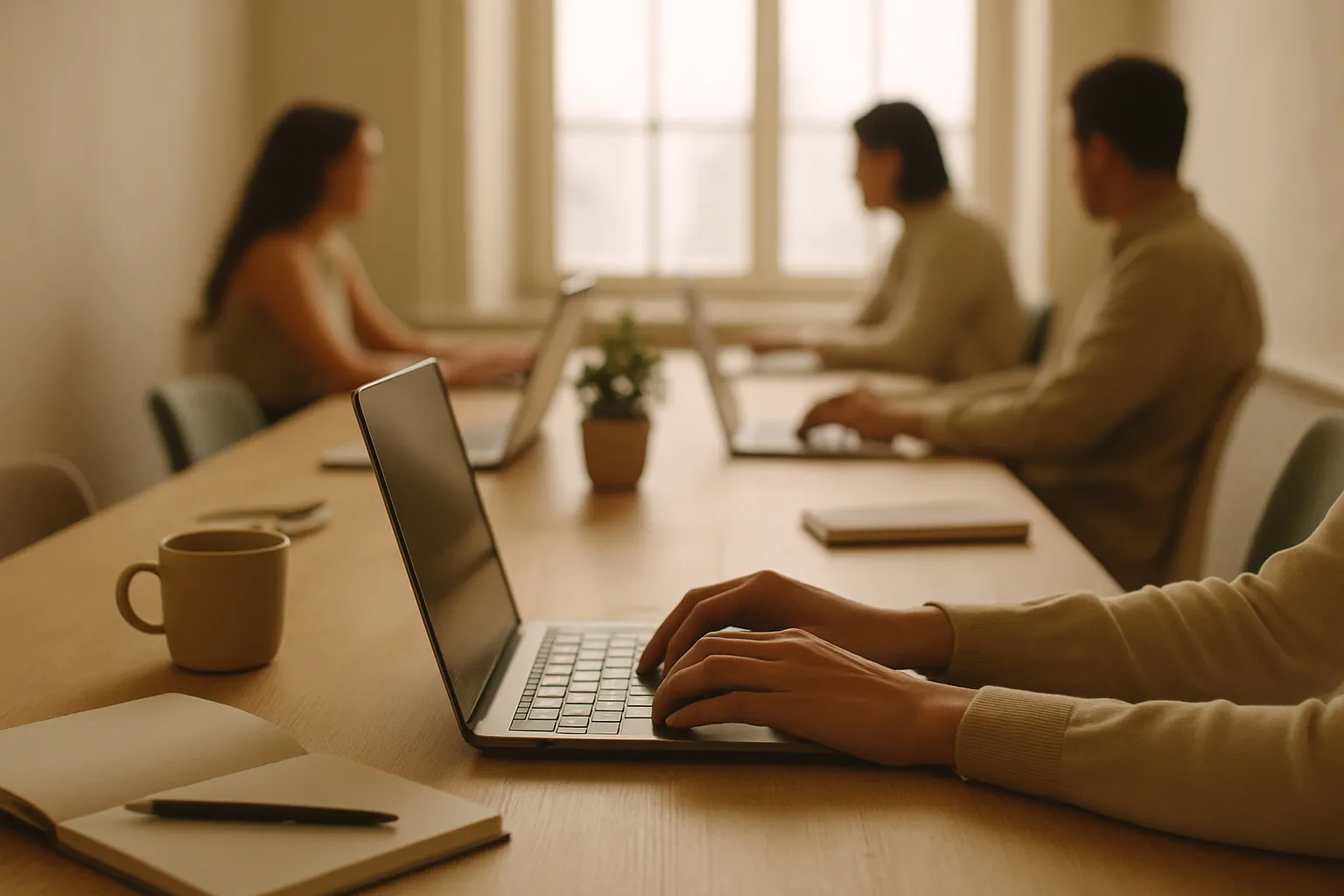 Italian corporate team working with multi-agent AI workflows on multiple laptops in a modern office, process orchestration